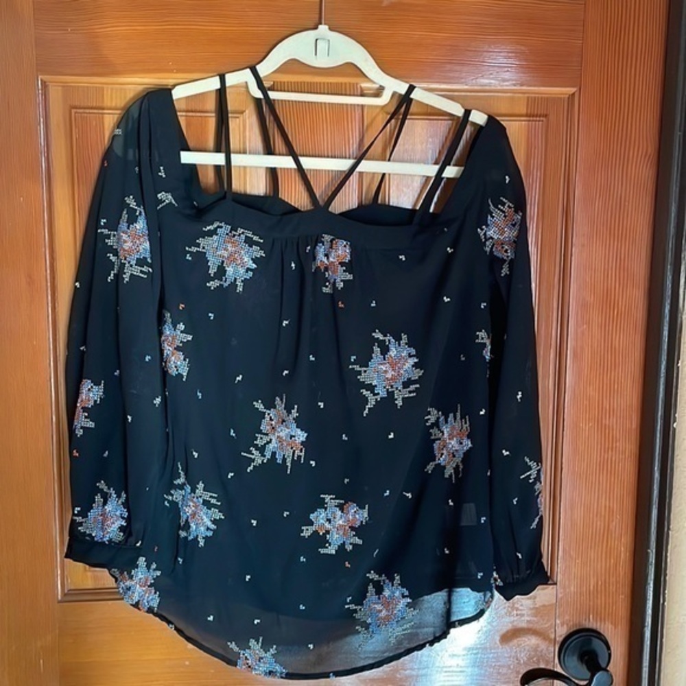 Cold shoulder sheer black embroidered blouse